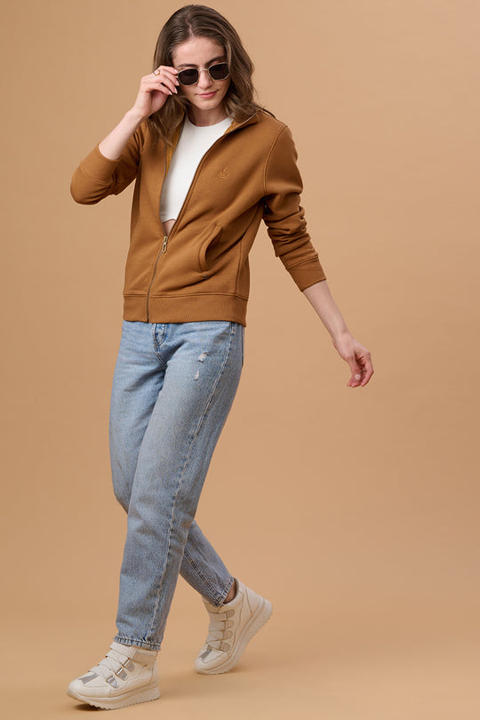 Gipsy Women Mock Collor Regular  Full Sleeves Cotton/Poly Fabric Butterscotch Sweatshirt