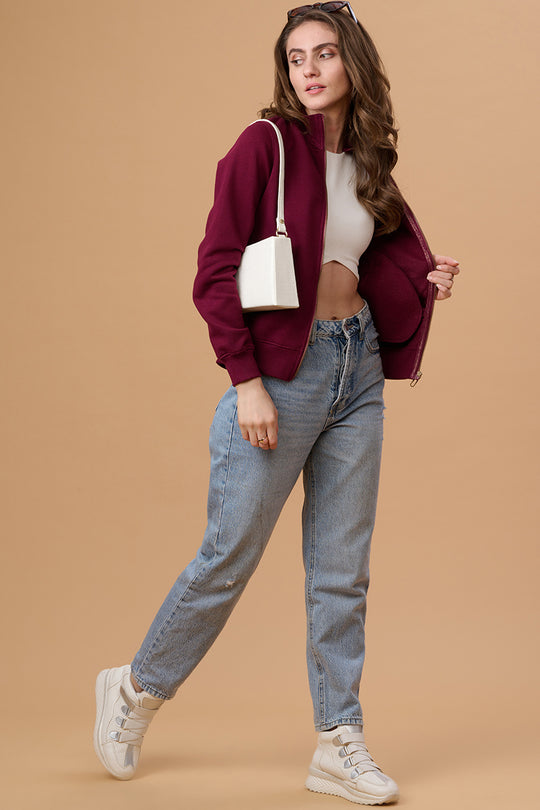 Gipsy Women Mock Collor Regular  Full Sleeves Cotton/Poly Fabric Burgundy Sweatshirt