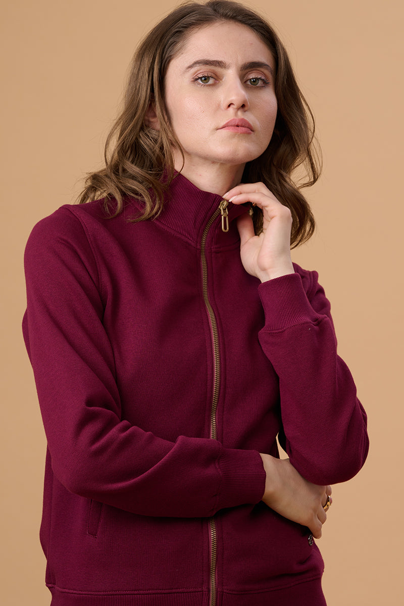 Gipsy Women Mock Collor Regular  Full Sleeves Cotton/Poly Fabric Burgundy Sweatshirt