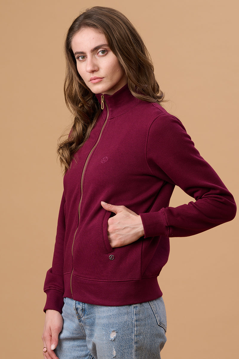 Gipsy Women Mock Collor Regular  Full Sleeves Cotton/Poly Fabric Burgundy Sweatshirt