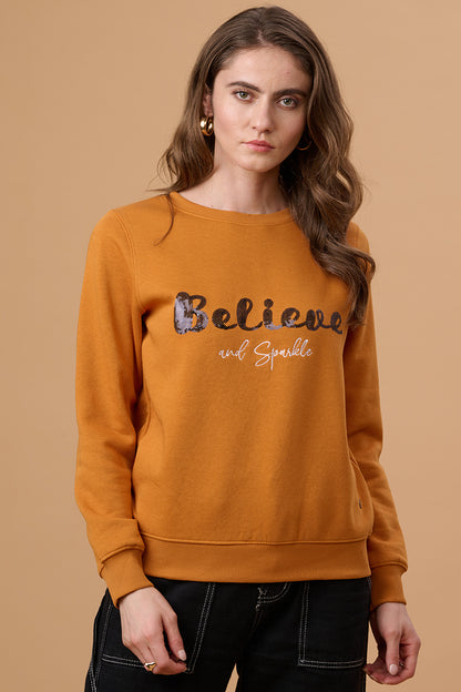 Gipsy Women Crew Neck Regular  Full Sleeves Cotton/Poly Fabric Mustard Sweatshirt