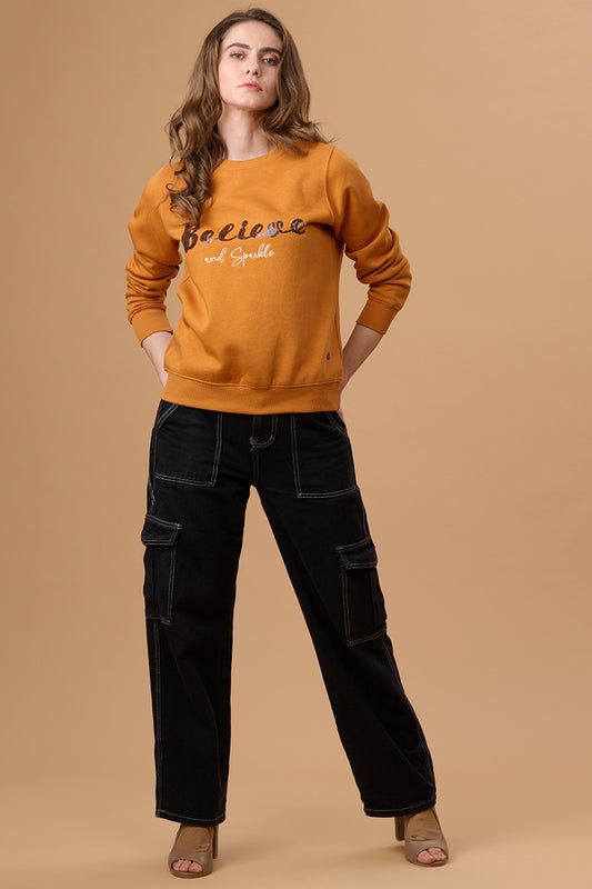 Gipsy Women Crew Neck Regular  Full Sleeves Cotton/Poly Fabric Mustard Sweatshirt
