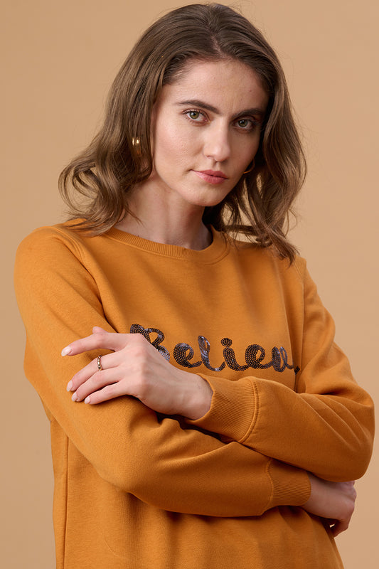 Gipsy Women Crew Neck Regular  Full Sleeves Cotton/Poly Fabric Mustard Sweatshirt