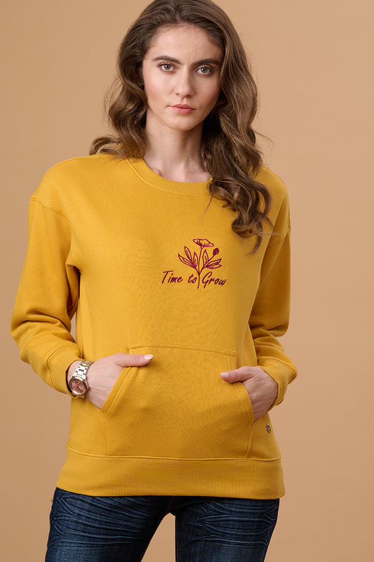 Gipsy Women Round Neck Regular  Full Sleeves Cotton/Poly Fabric Mustard Sweatshirt
