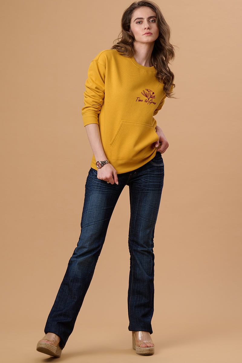 Gipsy Women Round Neck Regular  Full Sleeves Cotton/Poly Fabric Mustard Sweatshirt