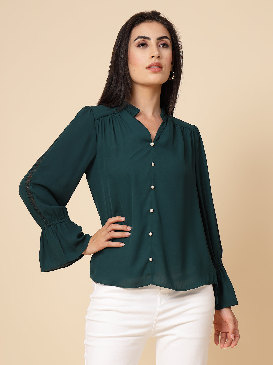 Gipsy Women Bottle Green Solid Georgette Frill Full Sleeve Chinese collar Tunic