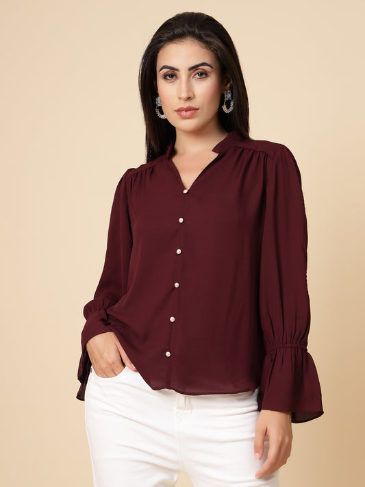 Gipsy Women Wine Solid Georgette Frill Full Sleeve Chinese collar Tunic