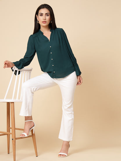 Gipsy Women Bottle Green Solid Georgette Frill Full Sleeve Chinese collar Tunic