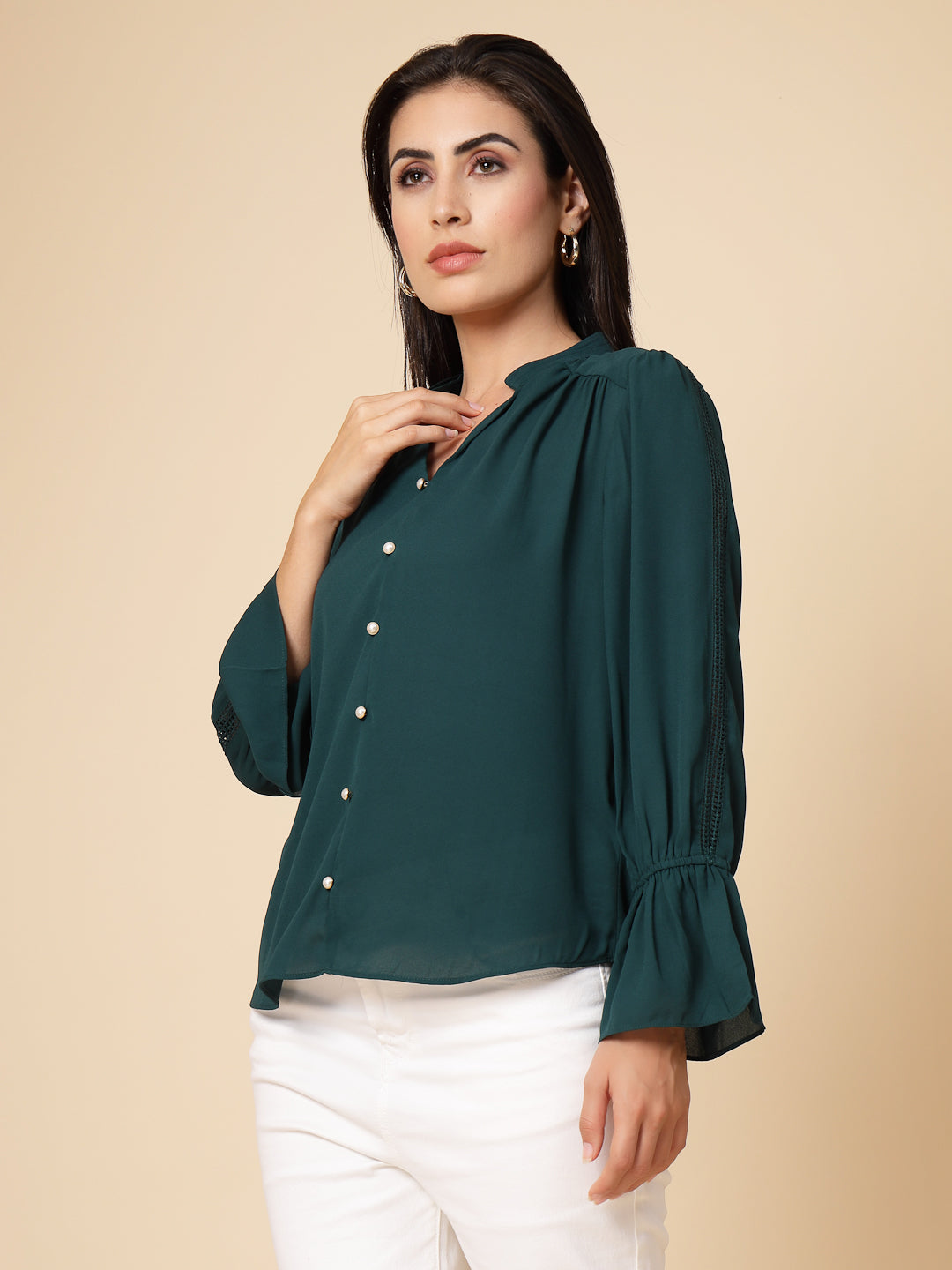 Gipsy Women Bottle Green Solid Georgette Frill Full Sleeve Chinese collar Tunic