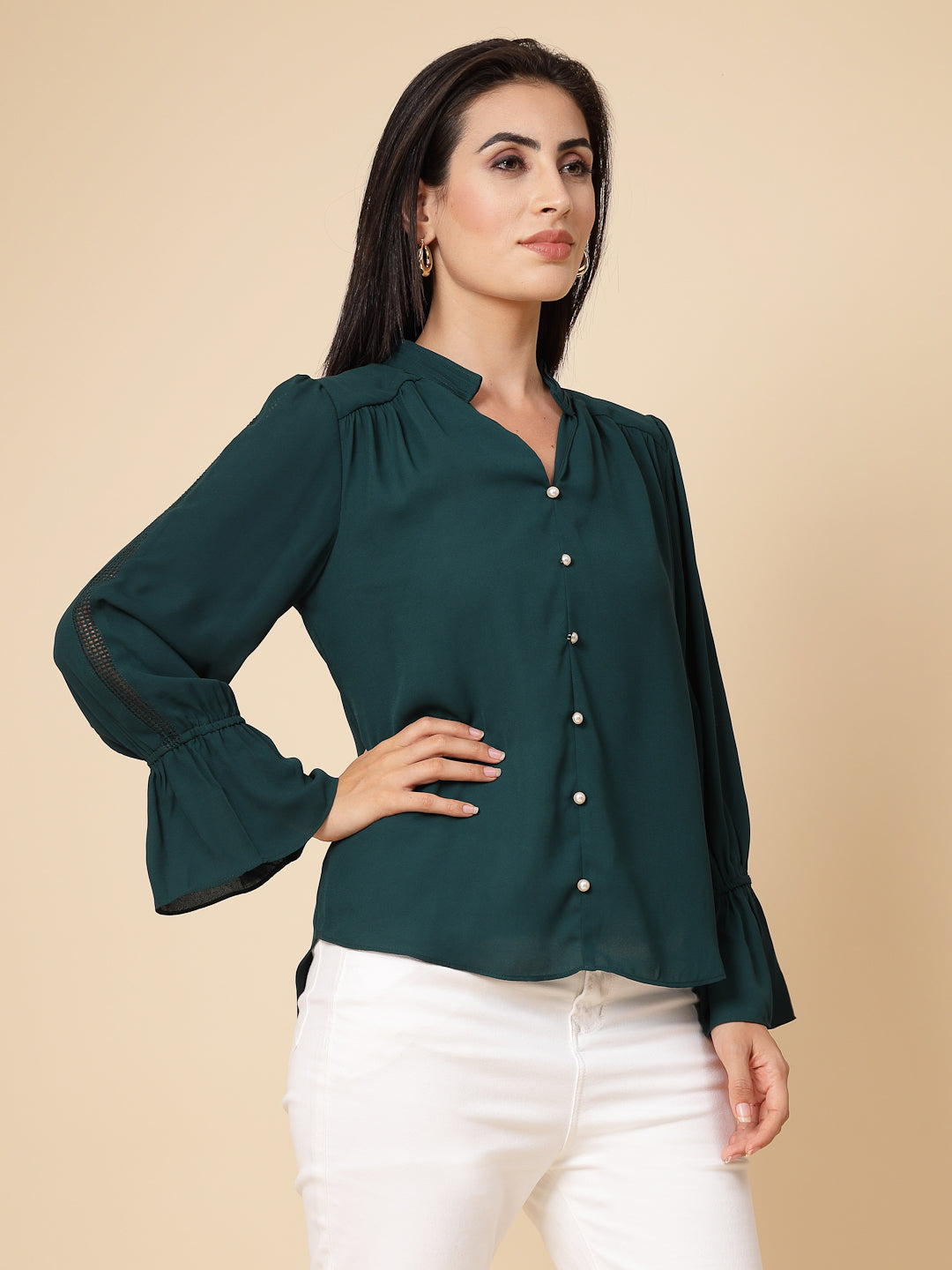 Gipsy Women Bottle Green Solid Georgette Frill Full Sleeve Chinese collar Tunic