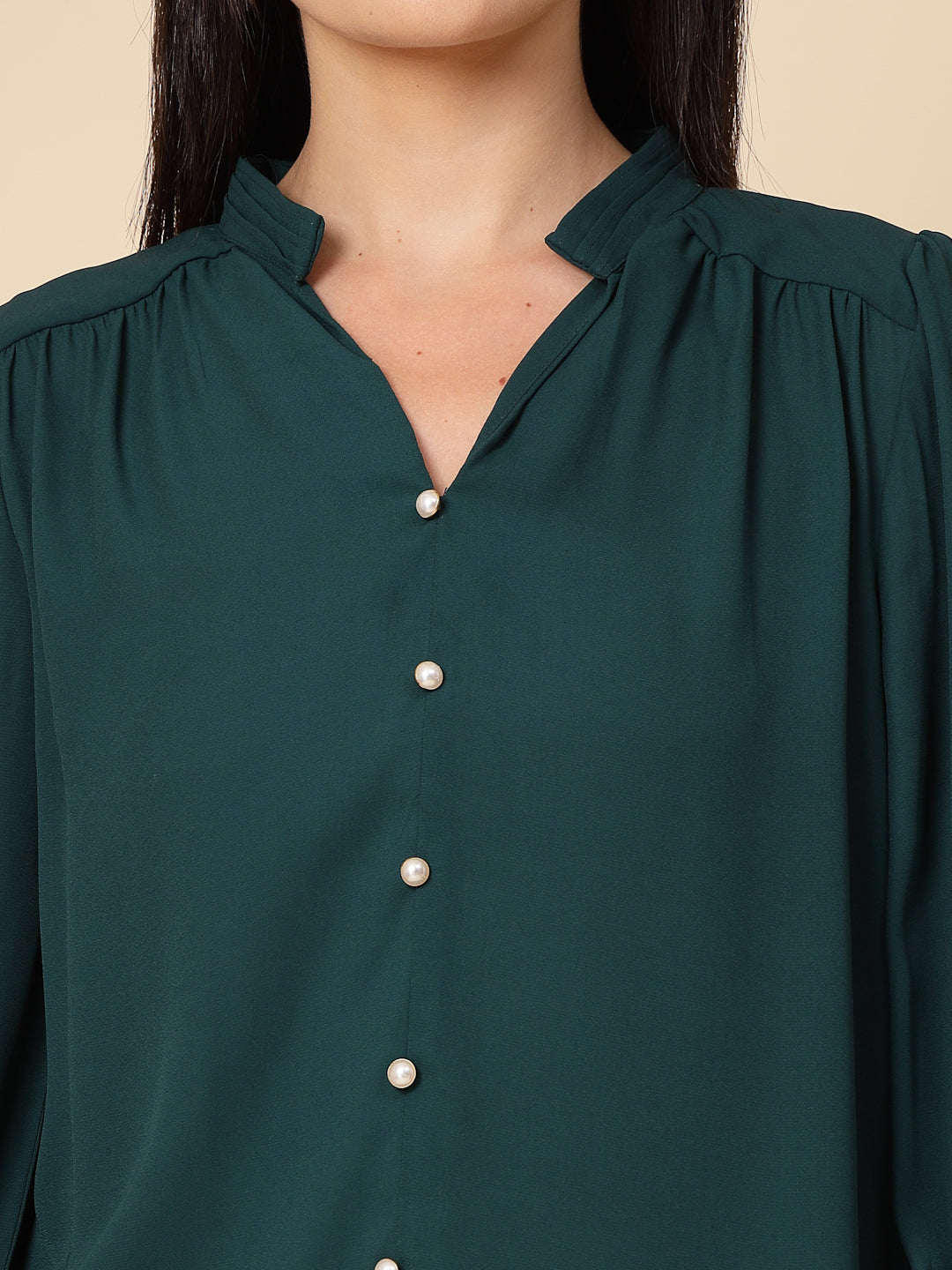 Gipsy Women Bottle Green Solid Georgette Frill Full Sleeve Chinese collar Tunic