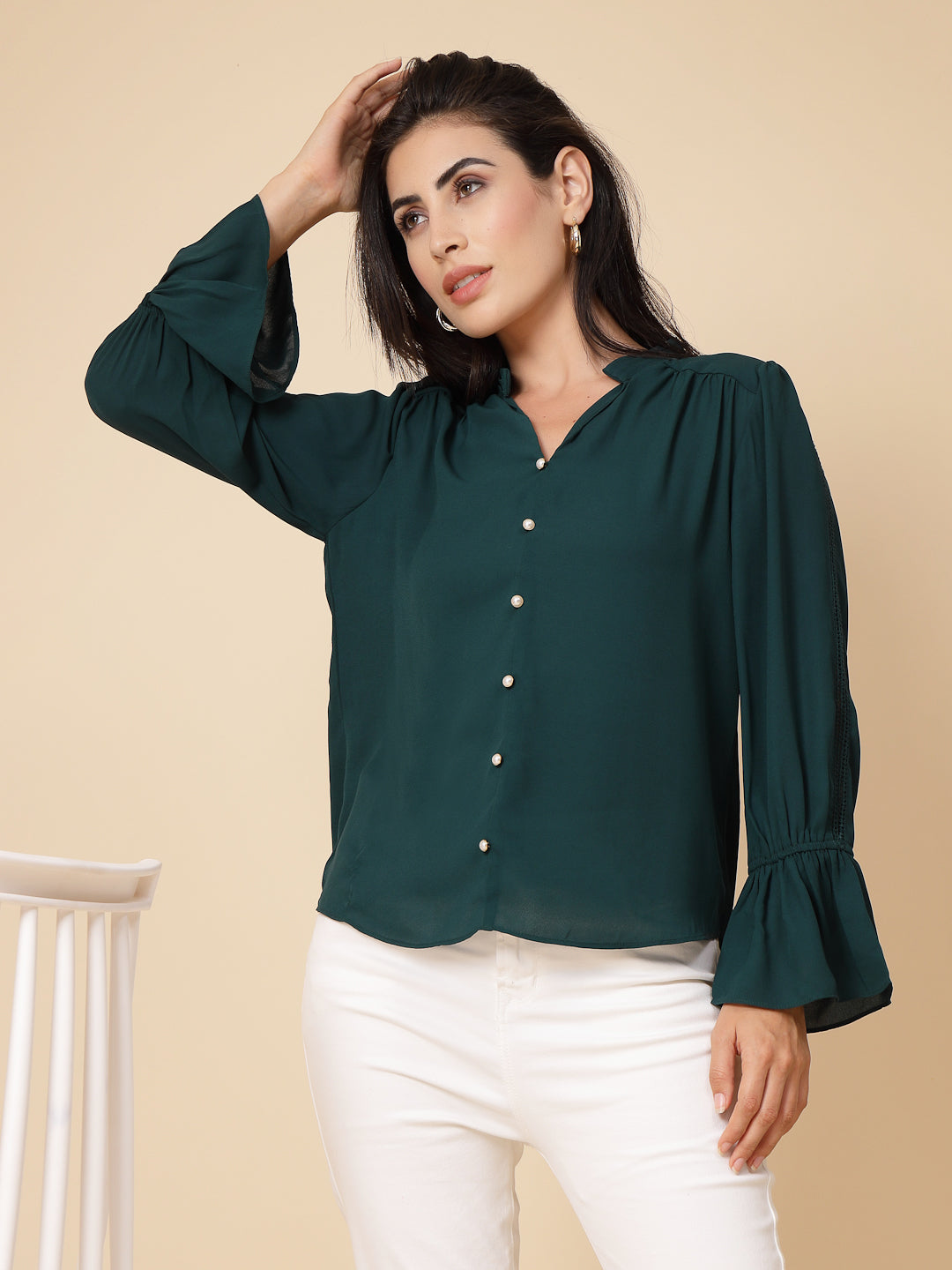 Gipsy Women Bottle Green Solid Georgette Frill Full Sleeve Chinese collar Tunic