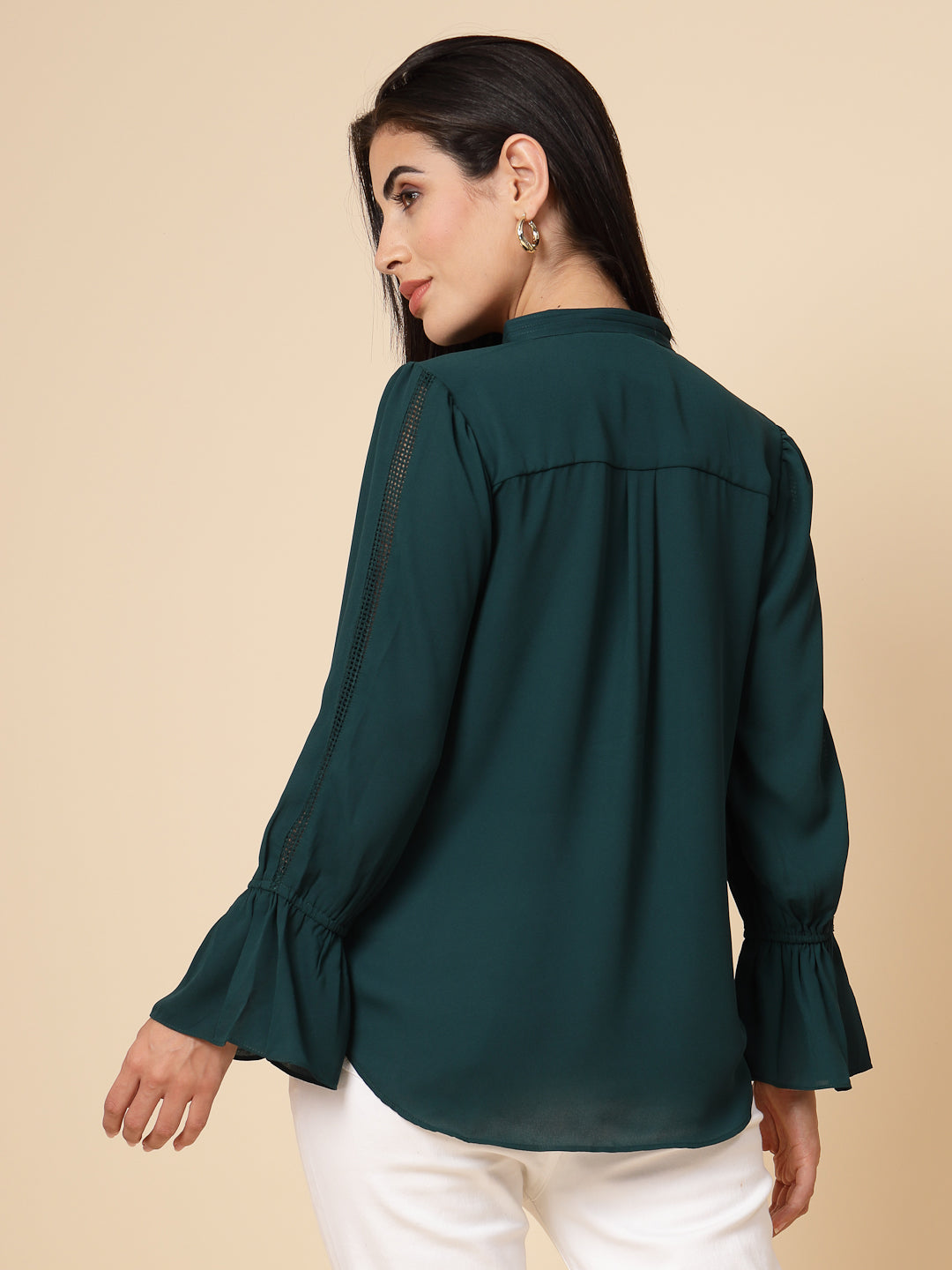 Gipsy Women Bottle Green Solid Georgette Frill Full Sleeve Chinese collar Tunic