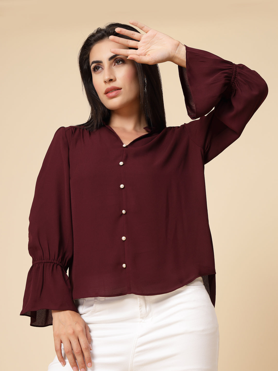 Gipsy Women Wine Solid Georgette Frill Full Sleeve Chinese collar Tunic