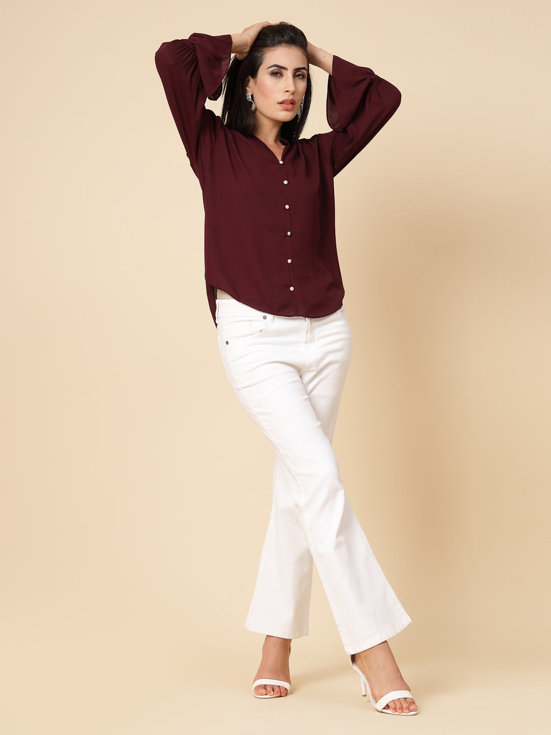 Gipsy Women Wine Solid Georgette Frill Full Sleeve Chinese collar Tunic