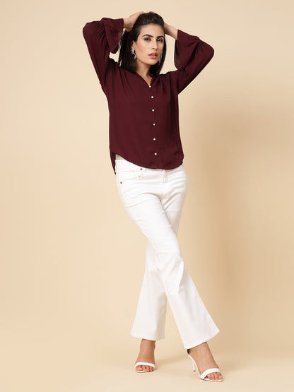Gipsy Women Wine Solid Georgette Frill Full Sleeve Chinese collar Tunic