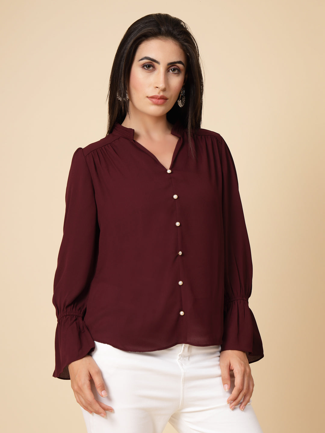Gipsy Women Wine Solid Georgette Frill Full Sleeve Chinese collar Tunic