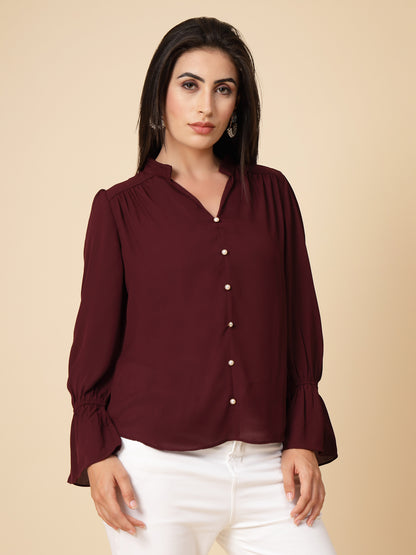 Gipsy Women Wine Solid Georgette Frill Full Sleeve Chinese collar Tunic