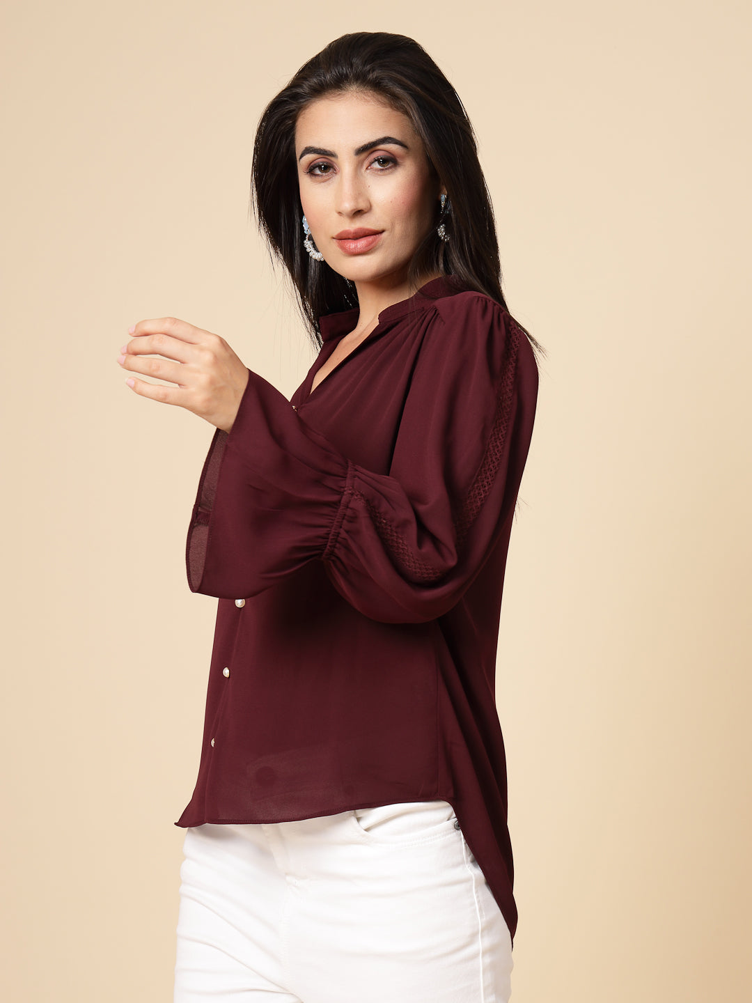Gipsy Women Wine Solid Georgette Frill Full Sleeve Chinese collar Tunic