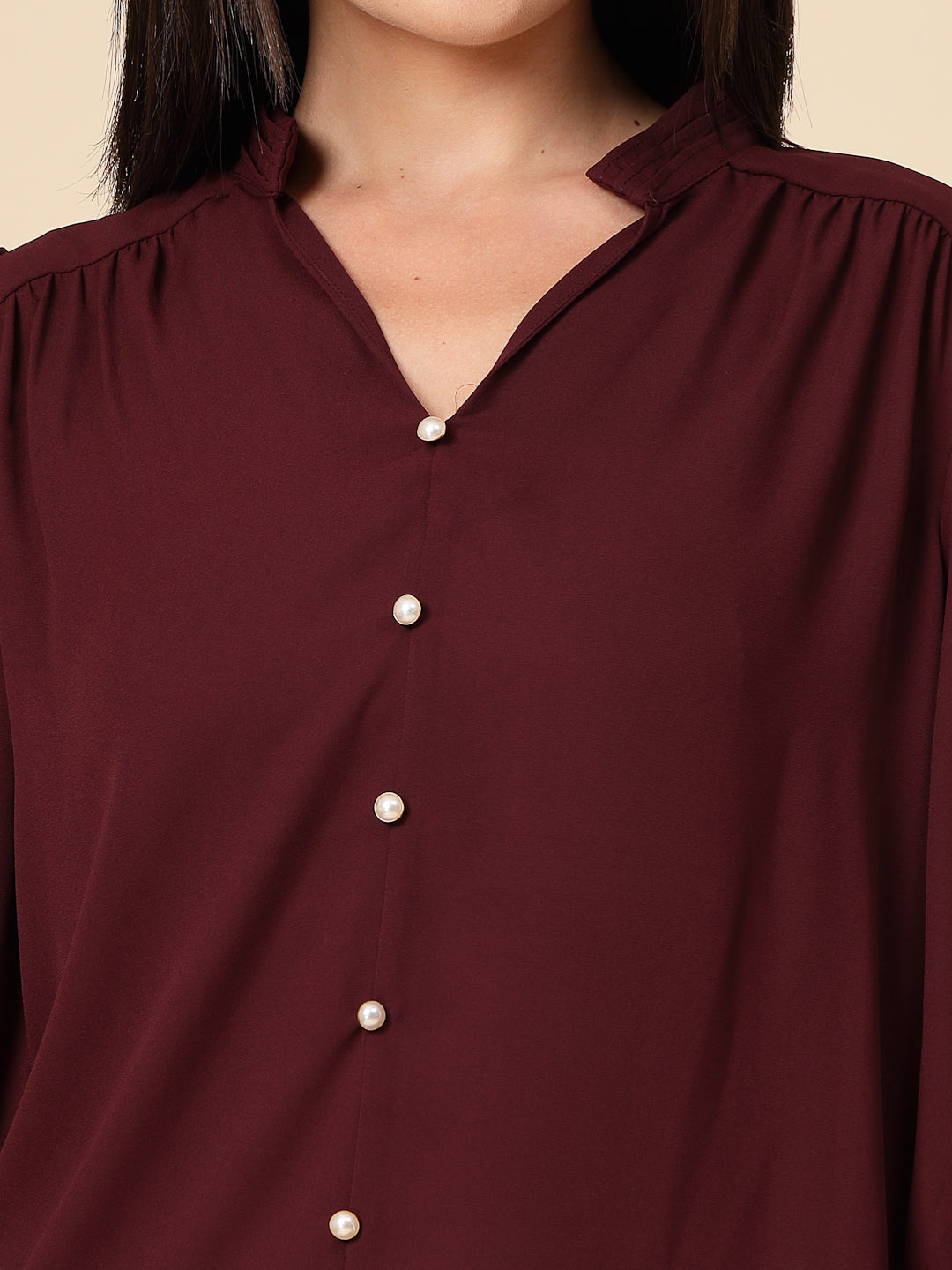 Gipsy Women Wine Solid Georgette Frill Full Sleeve Chinese collar Tunic