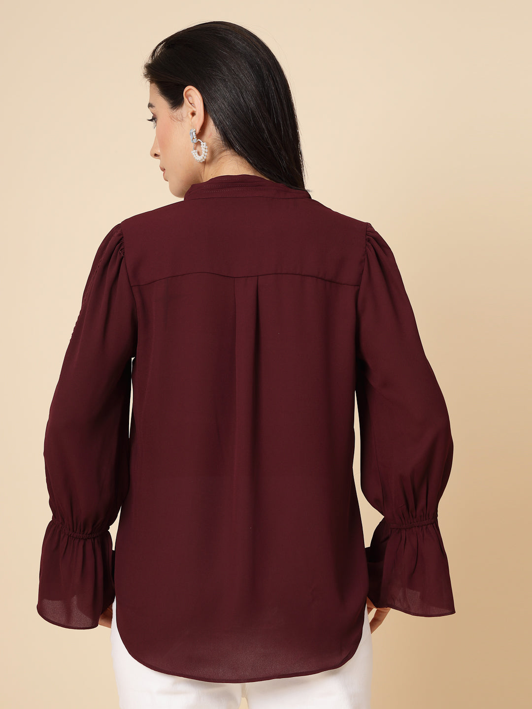 Gipsy Women Wine Solid Georgette Frill Full Sleeve Chinese collar Tunic