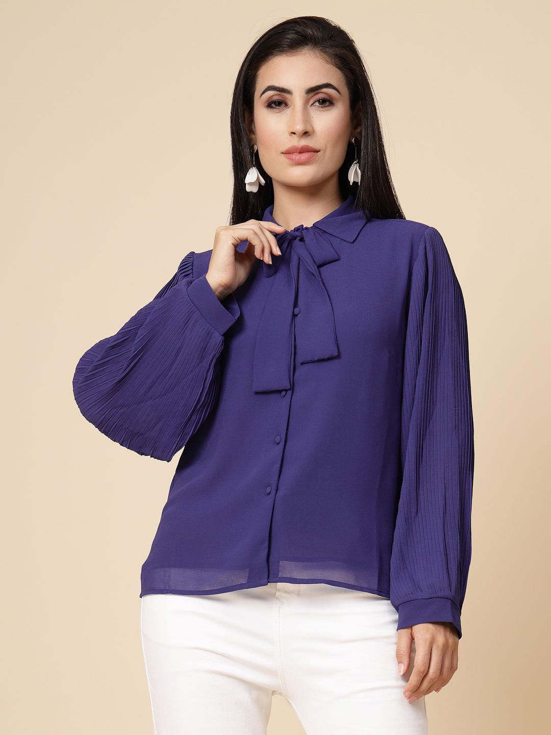 Gipsy Women Cobalt Blue Solid Georgette Bishop Full Sleeve Collared Tie Neck Tunic