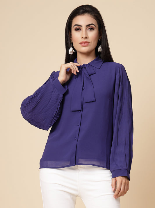 Gipsy Women Cobalt Blue Solid Georgette Bishop Full Sleeve Collared Tie Neck Tunic