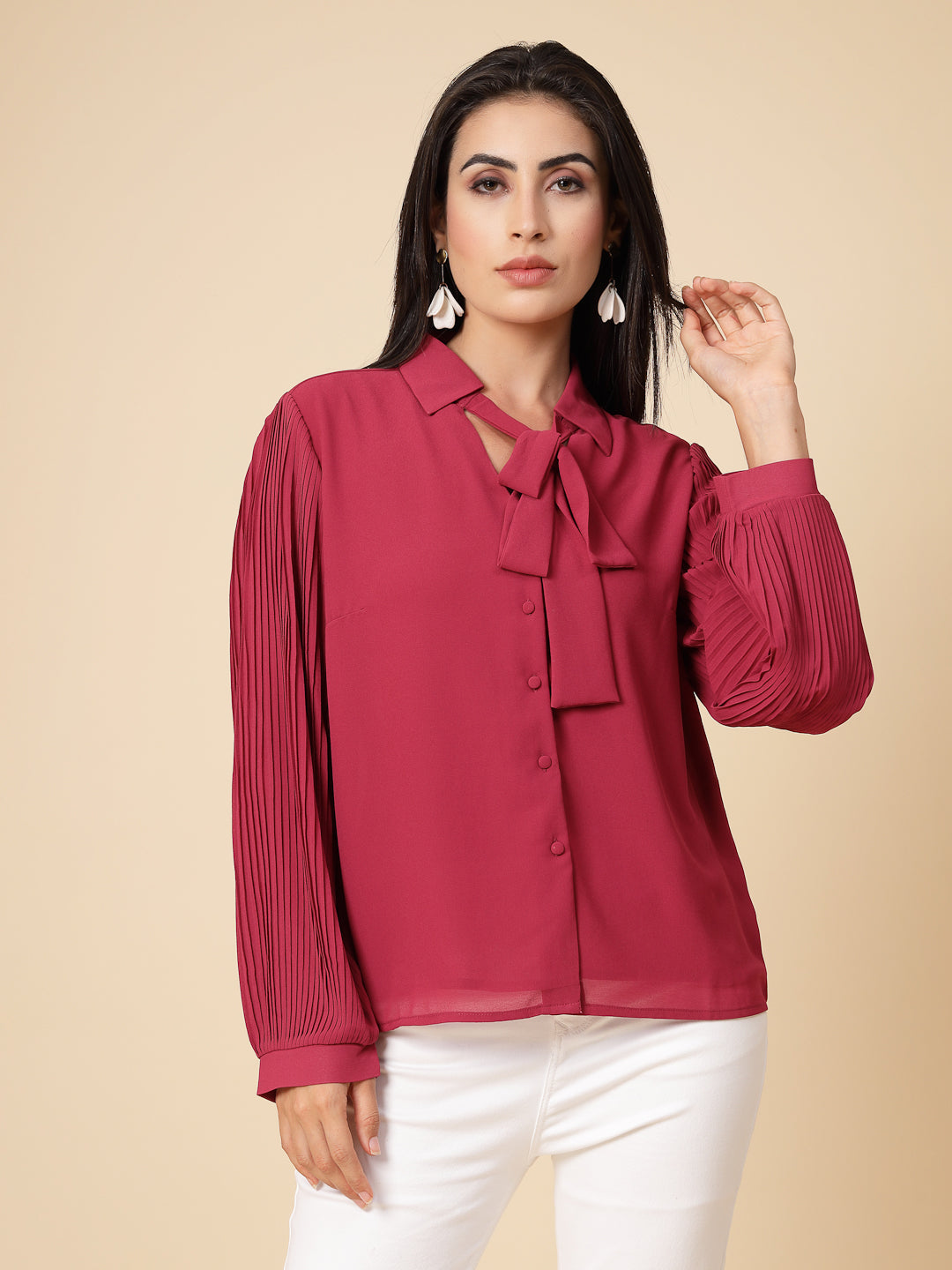 Gipsy Women Rasberry Solid Georgette Bishop Full Sleeve Collared Tie Neck Tunic