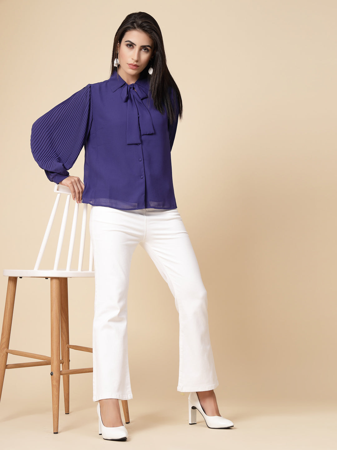 Gipsy Women Cobalt Blue Solid Georgette Bishop Full Sleeve Collared Tie Neck Tunic