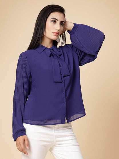 Gipsy Women Cobalt Blue Solid Georgette Bishop Full Sleeve Collared Tie Neck Tunic