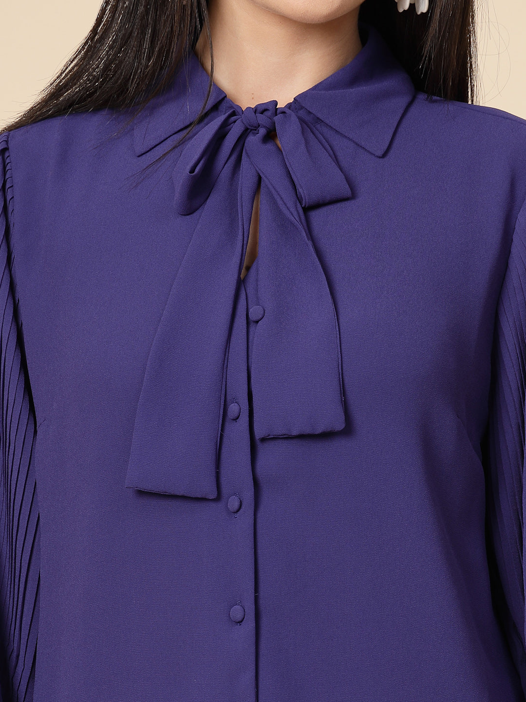 Gipsy Women Cobalt Blue Solid Georgette Bishop Full Sleeve Collared Tie Neck Tunic