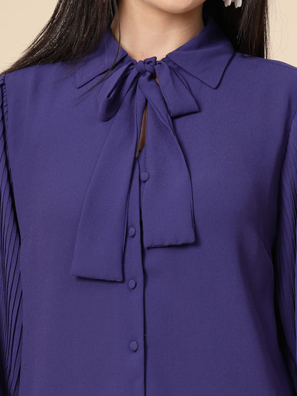 Gipsy Women Cobalt Blue Solid Georgette Bishop Full Sleeve Collared Tie Neck Tunic
