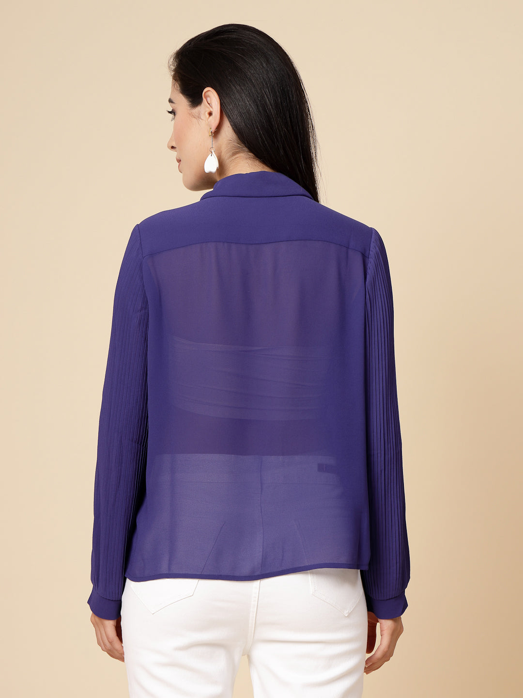 Gipsy Women Cobalt Blue Solid Georgette Bishop Full Sleeve Collared Tie Neck Tunic