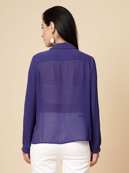 Gipsy Women Cobalt Blue Solid Georgette Bishop Full Sleeve Collared Tie Neck Tunic