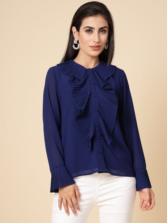 Gipsy Women Ink Navy Solid Georgette Frill Full Sleeve Collared Frill Neck Tunic