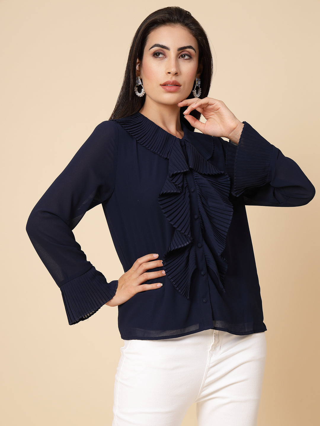Gipsy Women Navy Solid Georgette Frill Full Sleeve Collared Frill Neck Tunic