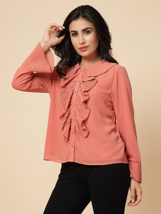 Gipsy Women Peach Solid Georgette Frill Full Sleeve Collared Frill Neck Tunic