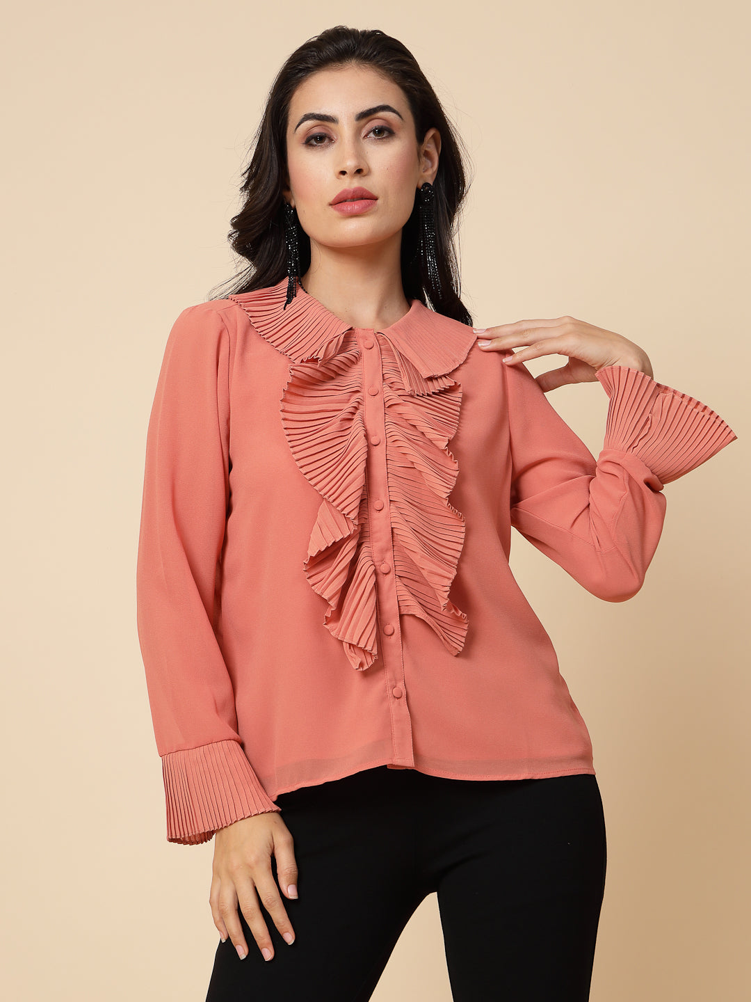 Gipsy Women Peach Solid Georgette Frill Full Sleeve Collared Frill Neck Tunic