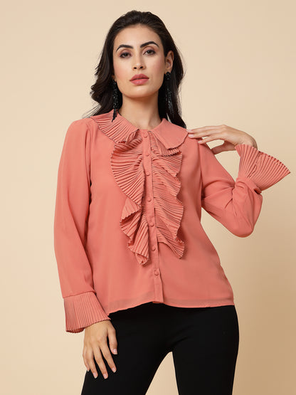 Gipsy Women Peach Solid Georgette Frill Full Sleeve Collared Frill Neck Tunic