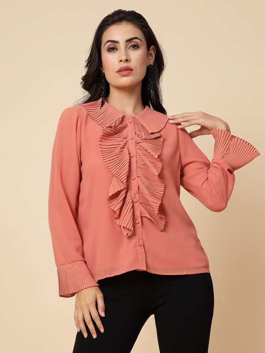 Gipsy Women Peach Solid Georgette Frill Full Sleeve Collared Frill Neck Tunic