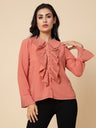 Gipsy Women Peach Solid Georgette Frill Full Sleeve Collared Frill Neck Tunic