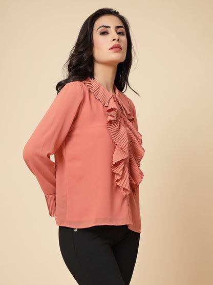 Gipsy Women Peach Solid Georgette Frill Full Sleeve Collared Frill Neck Tunic