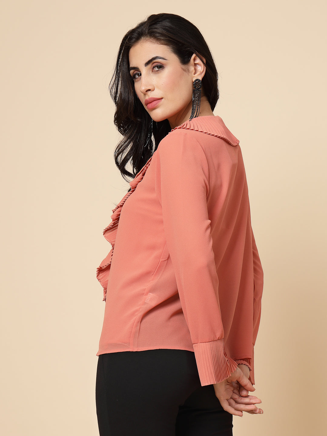 Gipsy Women Peach Solid Georgette Frill Full Sleeve Collared Frill Neck Tunic