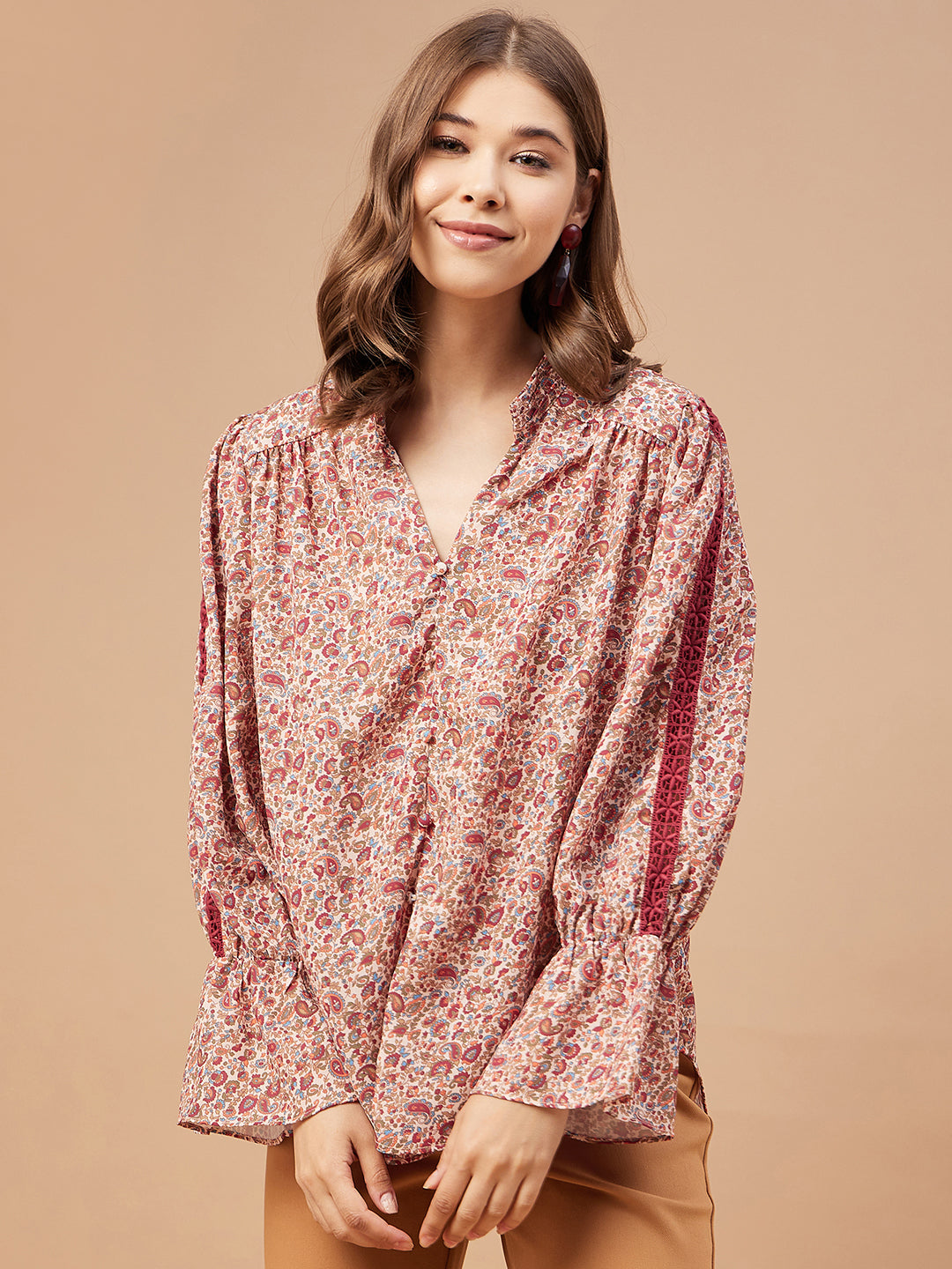 Gipsy Women Beige Print Georgette Bishop Sleeve Mandarin Collar Tunic