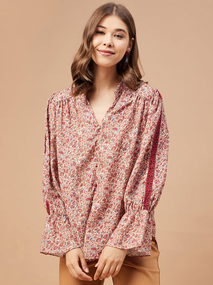 Gipsy Women Beige Print Georgette Bishop Sleeve Mandarin Collar Tunic