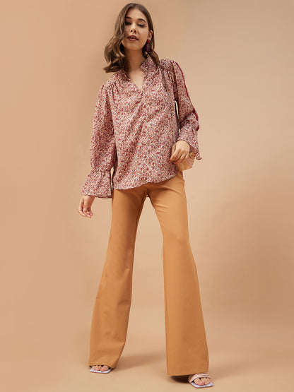Gipsy Women Beige Print Georgette Bishop Sleeve Mandarin Collar Tunic