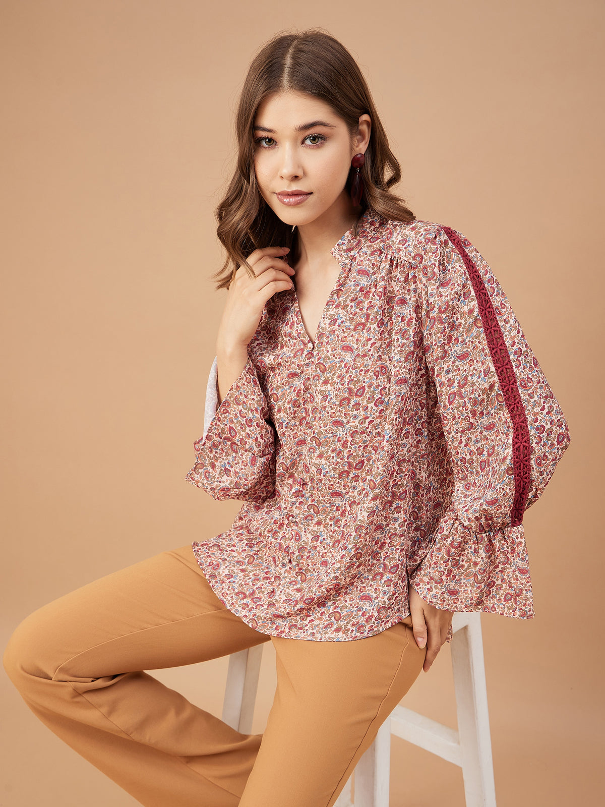 Gipsy Women Beige Print Georgette Bishop Sleeve Mandarin Collar Tunic