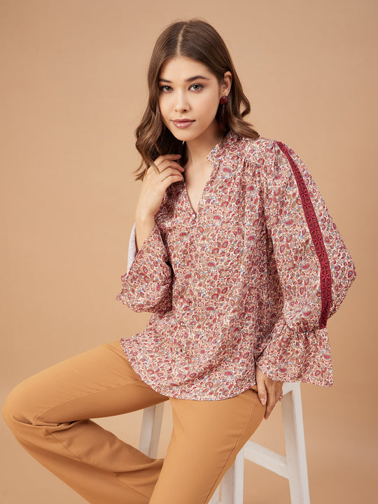 Gipsy Women Beige Print Georgette Bishop Sleeve Mandarin Collar Tunic