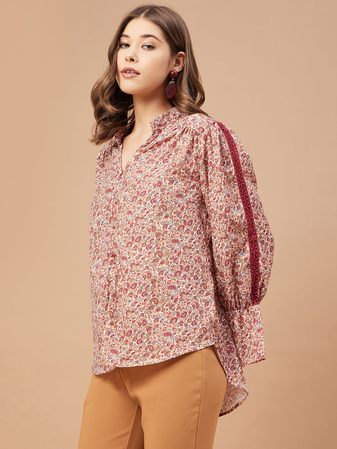 Gipsy Women Beige Print Georgette Bishop Sleeve Mandarin Collar Tunic