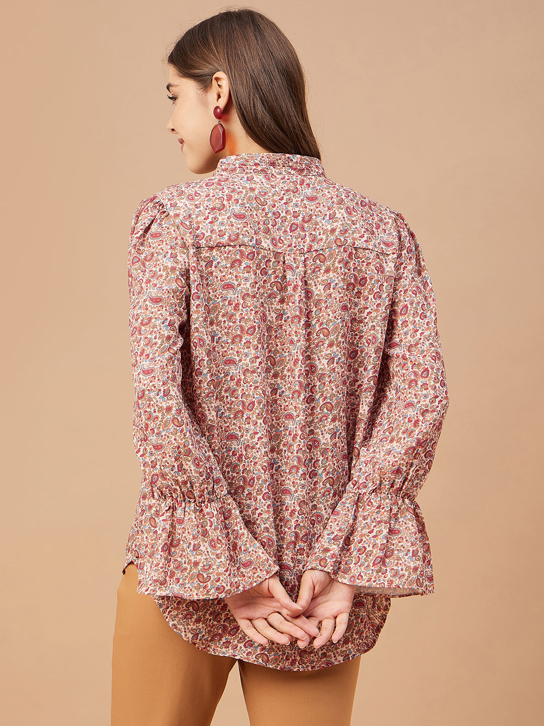 Gipsy Women Beige Print Georgette Bishop Sleeve Mandarin Collar Tunic